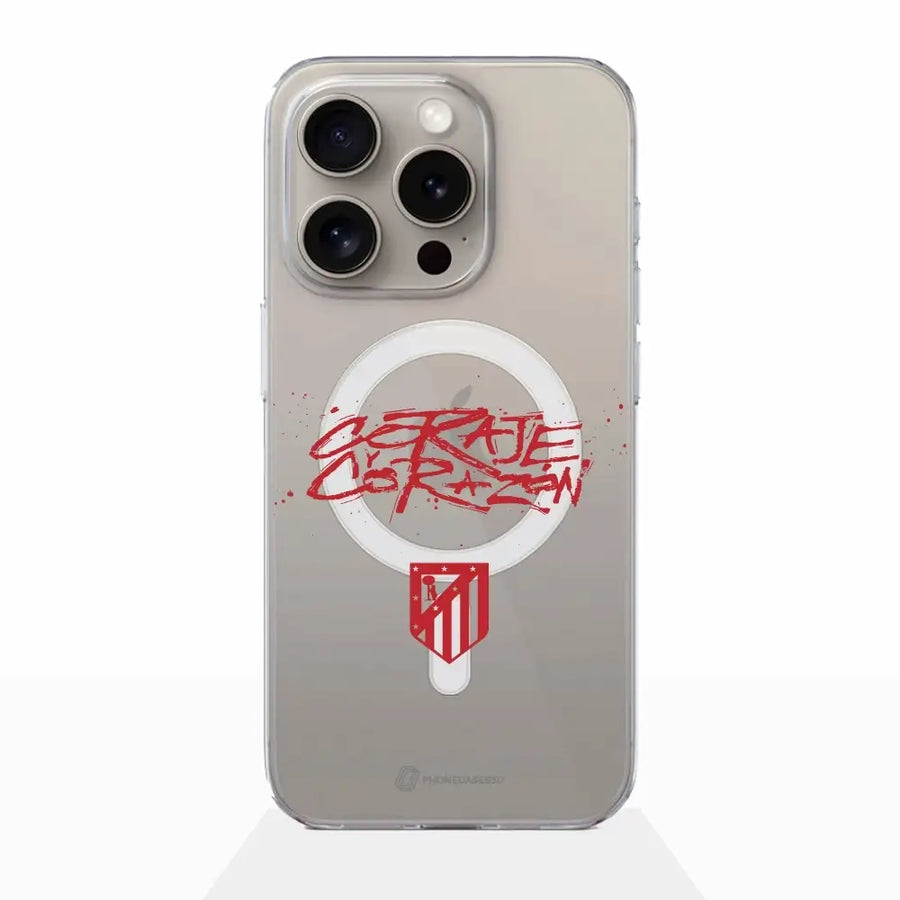 Clear Magsafe Phone Case Oficial Atletico Madrid Diseño Coraje y Corazón